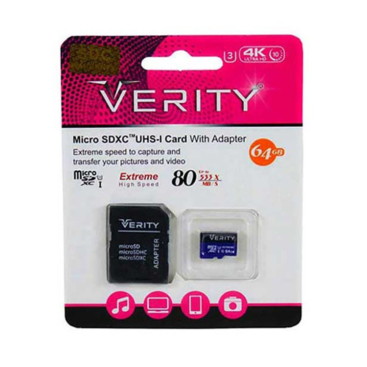 کارت حافظه میکرو اس دی 64 گیگابات وریتی به همراه اداپتور - Verity Class10 UHS-I U3 80MBps microSDHC With Adapter 64GB